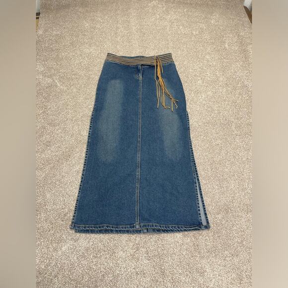 vtg Y2K 00s boho grunge western Bubblegum Long Maxi denim Skirt High Slit 5/6 - Picture 1 of 13